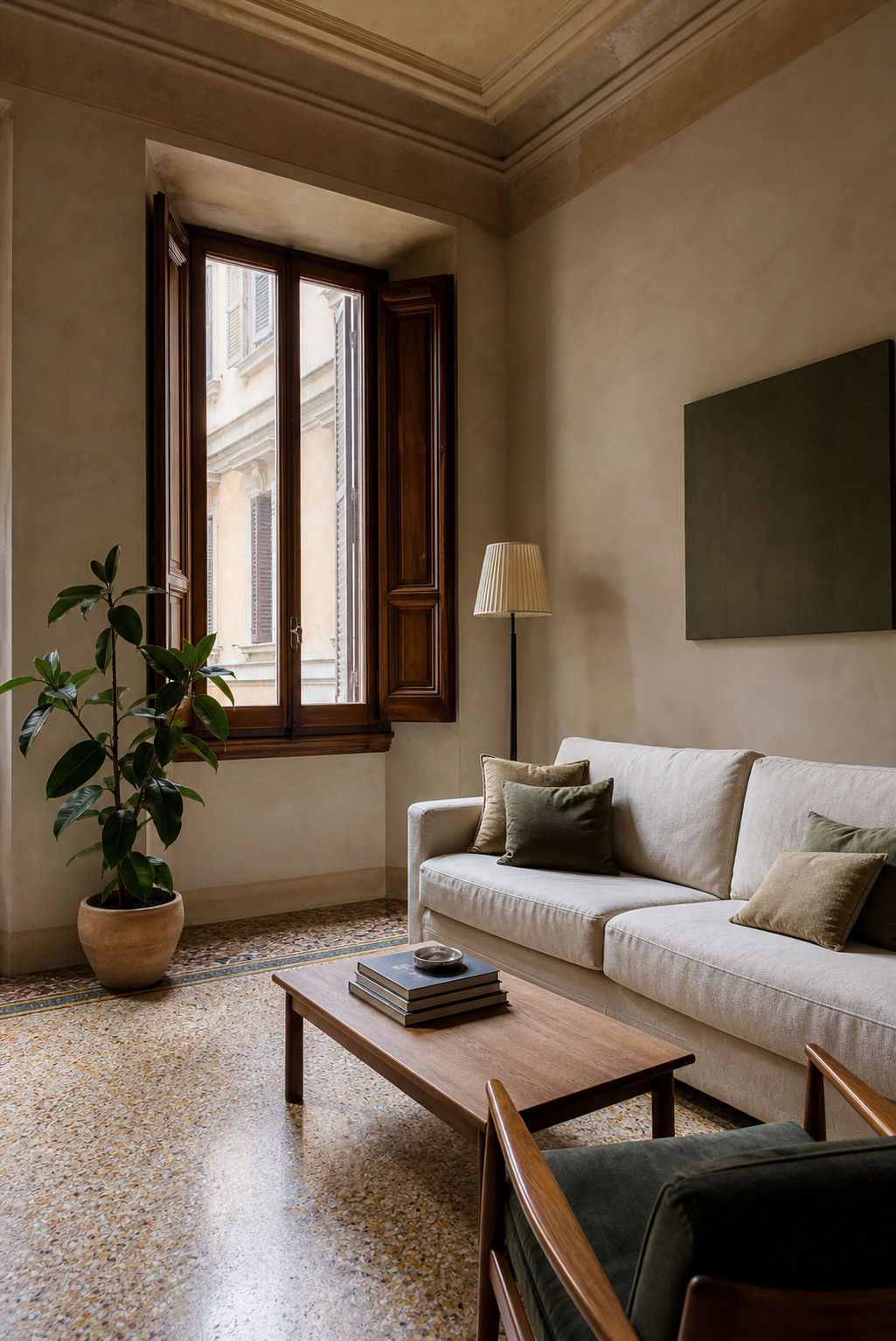 Soggiorno luminoso di un appartamento italiano con pavimento in terrazzo, persiane e arredi curati