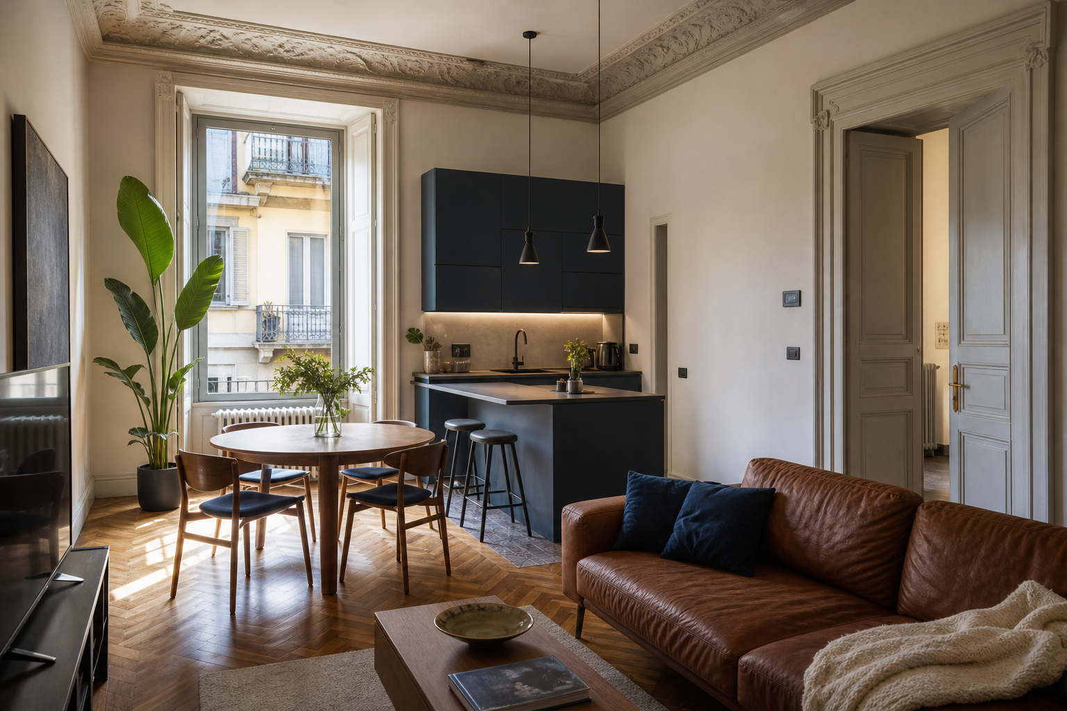 Appartamento italiano ristrutturato con cucina a vista, parquet e soffitti decorati