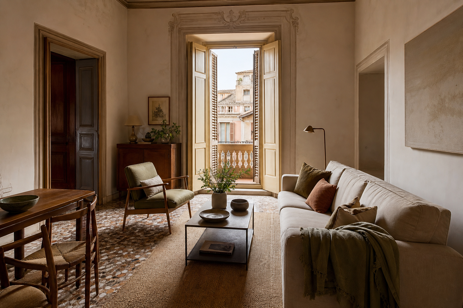 Soggiorno di un appartamento in un palazzo storico italiano con balcone e persiane