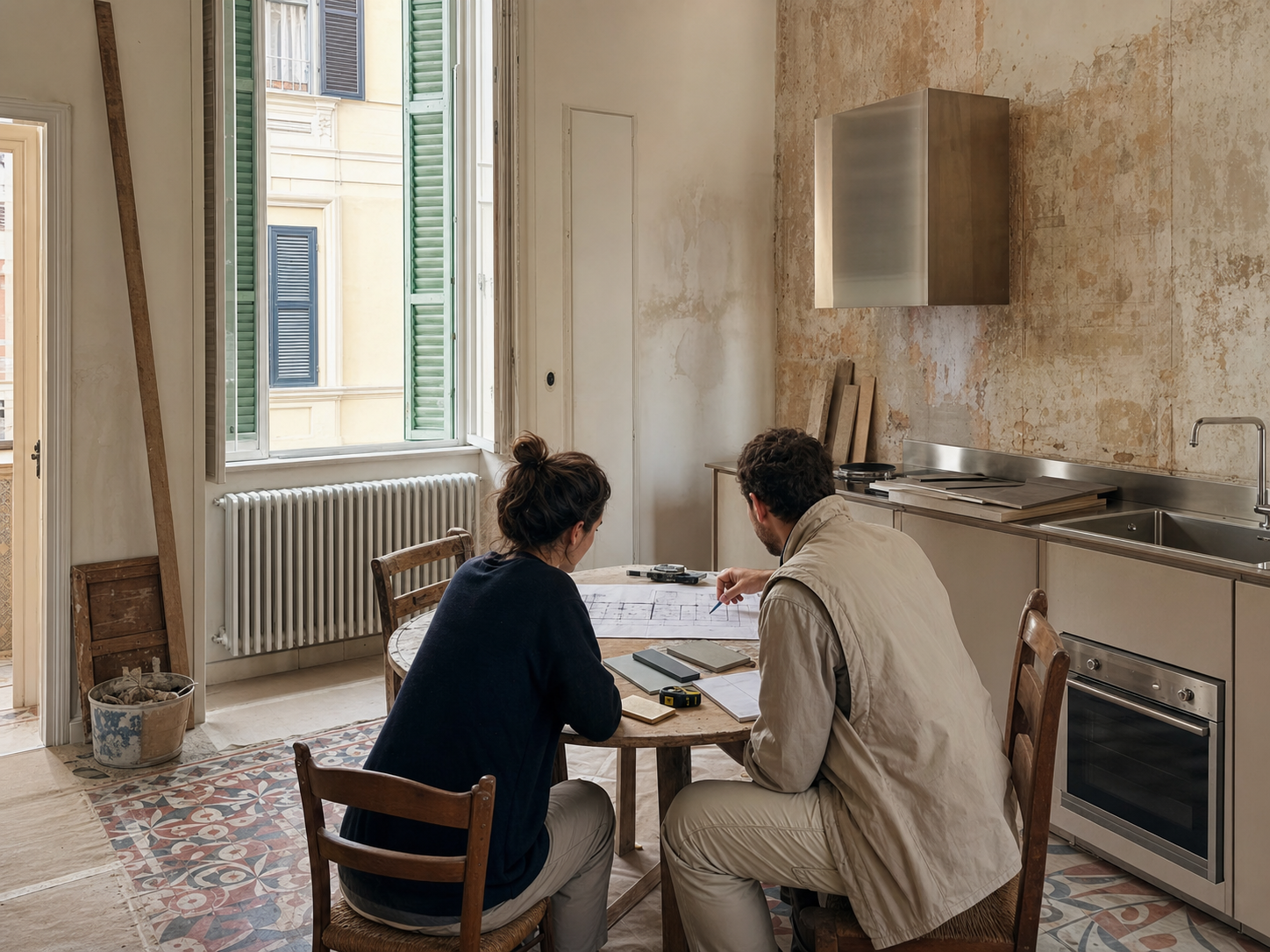 Architetto e responsabile di cantiere esaminano una planimetria durante la ristrutturazione di un appartamento italiano